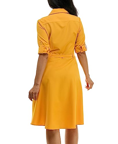 Image of Sharagano Women's Pleated Shirt Dress - 3 /4 Sleeve, V-Neck, Gold Buttons