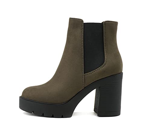 Soda EDITOR ~ Women Lug Sole High Heel Chelsea Fashion Ankle Boot w/Double Elastic Gore (Forest Imit Suede, 8.5)