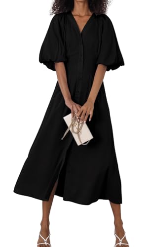 Image of chouyatou Women Summer Puff Sleeve Button Down Shirt Dress Flowy Elegant Business Casual Midi Long Dress