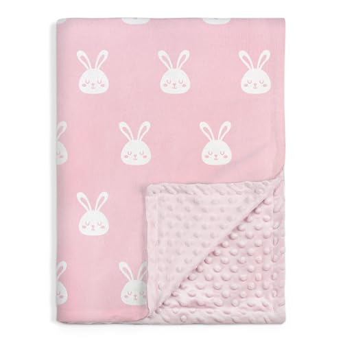 Image of Rabbit Minky Baby Blanket 30 x 40 Inches for Girls, Soft Plush Receiving Blanket with Dotted Back, Gift for Toddler Newborn Infant Christmas Birthday Baby Shower