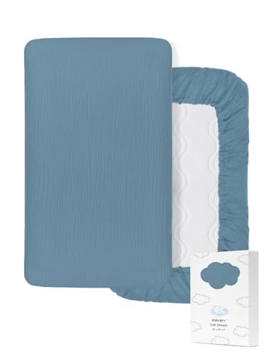 Image of ZURLEFY Blue Crib Sheets for Boys, Muslin Baby Crib Sheet for Standard Crib Mattress, Soft and Breathable Neutral Cotton Crib Sheets (46C-06)