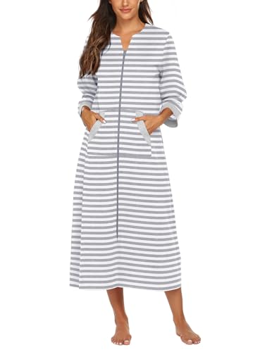 Image of Ekouaer Women Zipper Robe 3 /4 Sleeves Loungewear Dress Full Length Sleepwear Pockets Housecoat Nightgown Long Bathrobe