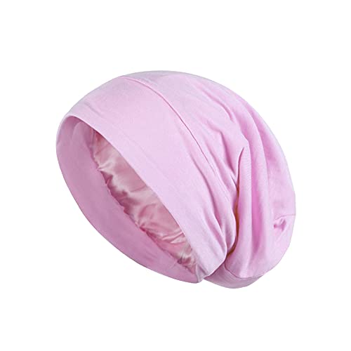 Satin Lined Bonnet Sleep Cap Hair Cover，Adjustable and Non-Fading Casual silk bonnets for Frizzy Natural Curly Hair (pink)