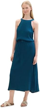 TOM TAILOR Damen Maxikleid mit American Neckline , Moss Blue, 42