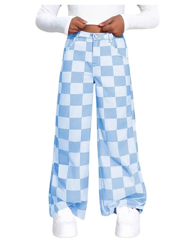 OYOANGLE Girl's Checkered Print Jeans Zipper Fly Straight Leg Denim Pants with Pocket