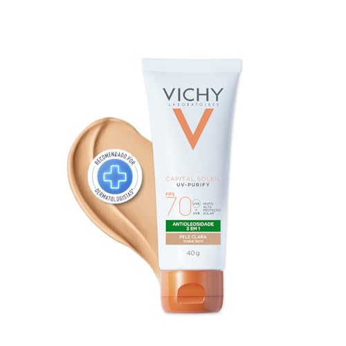 Vichy Capital Soleil Purify Protetor Solar Facial com Cor Clara FPS70, Ação Antioleosidade e Purificante, Toque Seco e Antipoluição, para Peles Oleosas, 40g