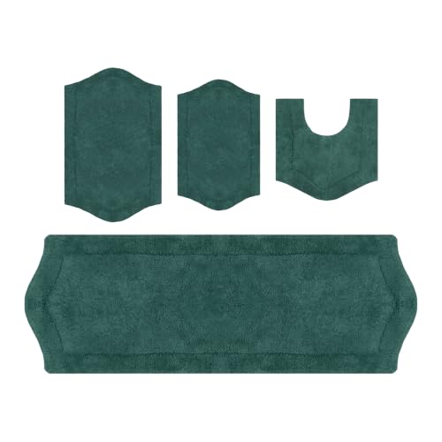 Home Weavers Waterford Collection 100% Cotton Tufted Bath Rug, Extra Soft and Absorbent Bath Rugs, Non-Slip Bath Mats, Machine Washable Bath Mats for Bathroom, 4 Piece Set with Contour, Bottle Green