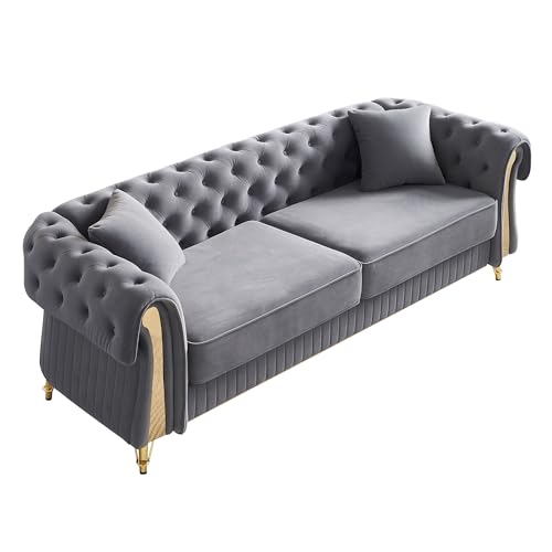 Image of KEIKI 89 inch Chesterfield Velvet Button Tufted Sofa with High Density Foam Cushions and 2 Toss Pillows, Modern Style 3-Seater Couch with 4 Gold Metal Leg, Easy Assembly, for Living Room, Apartment, Grey