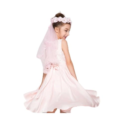 Wedding Baptism Communion Bridal/Flower Girls Short Head Veil White/Pink Floral Headband Kids JunMing INC (Pink)