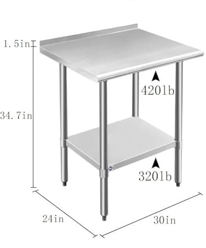 Image of ROCKPOINT Stainless Steel Table for Prep & Work with Backsplash 24x30 Inches, NSF Metal Commercial Kitchen Heavy Duty Table with Adjustable Under Shelf and Table Foot for Restaurant, Home and Hotel