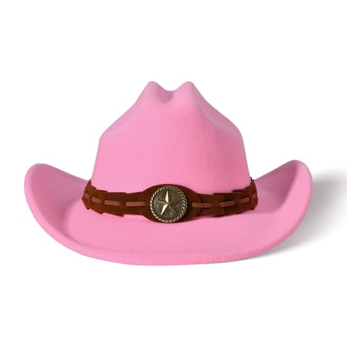 Image of Willheoy Kids Cowboy Hat for Girls Boys Western Cowgirl Hat with Buckle Belt Unisex Wide Brim Fedora Hat Dress Up Costume