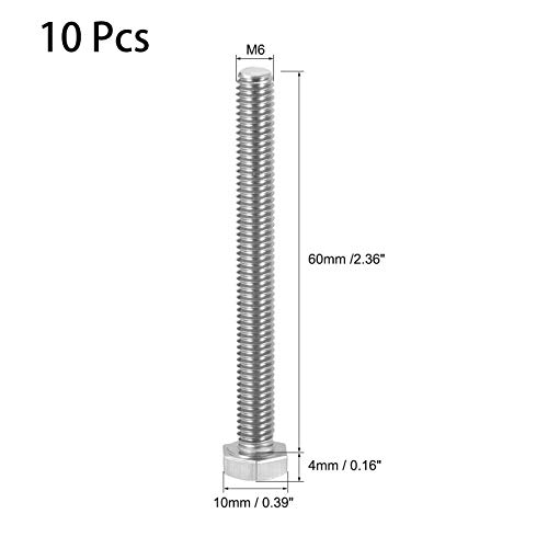 Image of 10 Pcs M6 Hex Bolt M6-1 x 60mm UNC Hex Head Screw Bolts A2-70(304) Stainless Steel Fully Threaded Hex Tap Bolts,Plain Finish,Fully Threaded (M6 x 60mm)