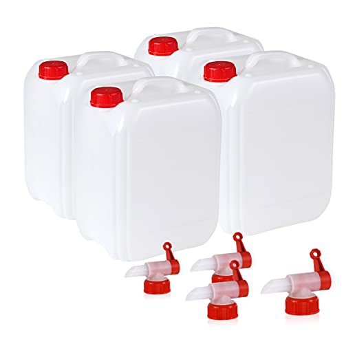 Höfer Chemie 4 x 5 L Wasserkanister Set Weiß - Ideales Camping Zubehör für Flüssigkeiten - Mit Ablasshahn & Schraubverschluss