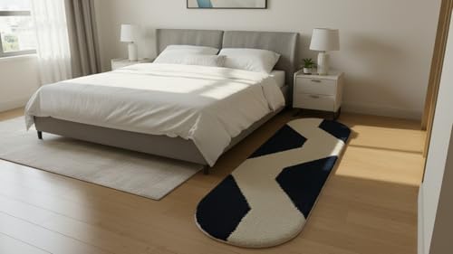 Image of Fluffy Silky Micro Fiber Polyster Carpet /Runner for Bedroom, Study Room, Playing Room, Guest Room ETC. 2x6 feet Feet, (Blue and Ivory Chevron Pattern)