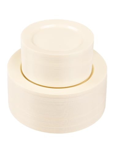 WDF 200PCS Ivory Plastic Plates - Elegant Ivory Disposable Plates for Party- Include 100 Dinner Plate 10’’ and 100 Plastic Dessert Plate 7’’ Perfect for Wedding/Party/BirthdayBaby Shower