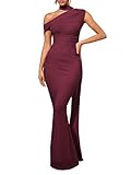 CurvySweet Women's One Shoulder Formal Evening Gown Built-in Bra Ribbon Elegant Bodycon Mesh Ruched Maxi Dress X-Large Burgundy