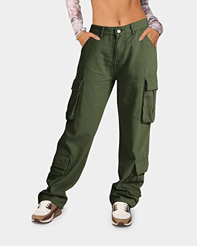 Guyongz Women's Cargo Pants Jeans Baggy Y2K Wide Leg Straight Parachute Pants Streetwear Casual Pants For Women With Pockets A-Green #TOP3