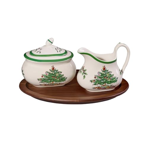 Spode - Christmas Tree Collection - Sugar and Creamer Set of 3-16 oz Sugar Container - 8 oz Creamer Container - Cones with Acacia Wood Tray - Sugar and Creamer are Dishwasher Safe