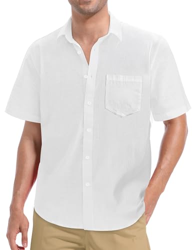 Mens Linen Shirt, Casual Button Up Down Shirts for Men, Beach Short Sleeve Essential Business Top for Summer