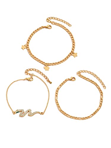 Tobillera chapada en oro de 14 quilates, 3 unidades, tobillera chapada en oro de cristal de oro, circonita cúbica, cadena hecha a mano, delicada, conjunto de tobilleras en capas Cover