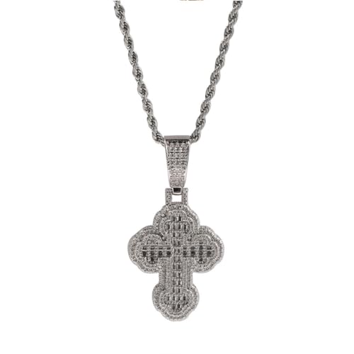 EUZLKDXU Hip Hop Cloud Cross Pendant Necklace, Men's And Women's Fashion Copper And Zirconia Jewellery,Silver,60cm