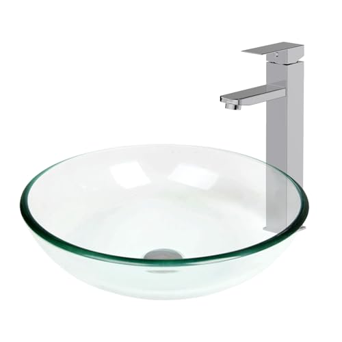 Bathroom Vessel Sink, Tempered Glass Vanity Round Bowl with Chrome Faucet and Pop up drain Set, Clear
