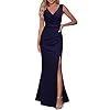 WOOSEA Women Sleeveless V Neck Split Evening Cocktail Long Dress Navy Blue