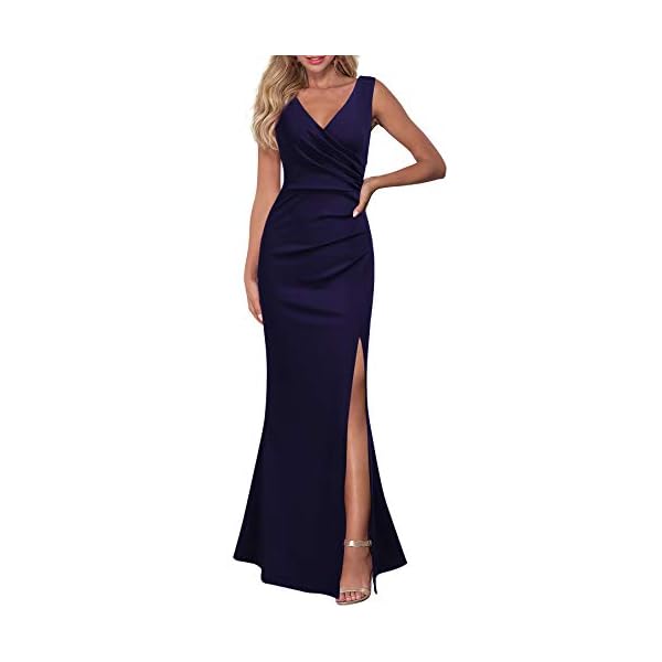WOOSEA Women Sleeveless V Neck Split Evening Cocktail Long Dress Navy Blue