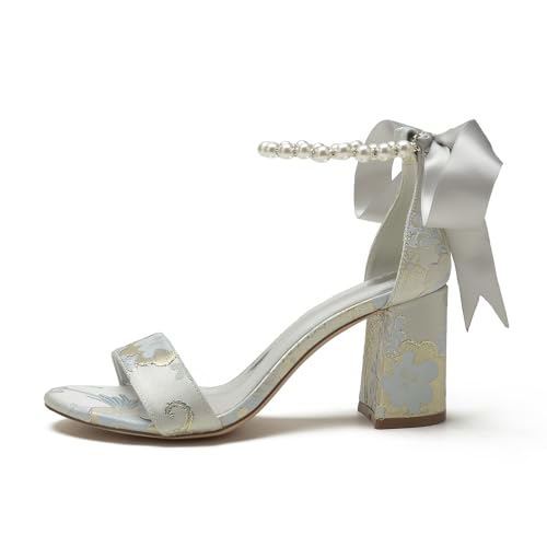 Women's Chunky Block Heel Pumps Open Toe Floral Satin Wedding Shoes for Bride Pearls Dress Shoes Heels4