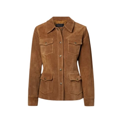 Women's Suede Safari Jacket, Brown, 4 Front Pockets, Button Front Closure