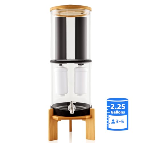 Gravity-Fed Water Filter System Glass water filter Glass Countertop Water Filtration Dispenser with Wooden Stand and 2 Filters 2.25 Gallonfor Home and Office