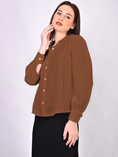 Image of Women's Regular Fit Solid Pleated Cotton Blend Shirts