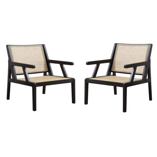 Rattan Accent Chair Set Of 2,Mid Century Modern Rattan Furniture Chair Natural Cane Armchair With Solid Wood Frame For Kitchen & Dining Room Chairs/Living Room(Black) #TOP12