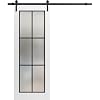 Sturdy Barn Door Frosted Tempered Glass | Planum 2122 White Silk | 6.6FT Black Rail Hangers Heavy Hardware Set | Modern Solid Panel Interior Doors-18 x 96-Frosted Glass-Black Rail
