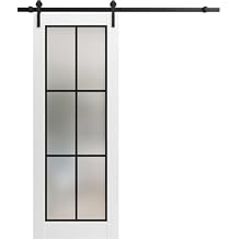 Sturdy Barn Door Frosted Tempered Glass | Planum 2122 White Silk | 6.6FT Black Rail Hangers Heavy Hardware Set | Modern Solid Panel Interior Doors-18" x 96"-Frosted Glass-Black Rail