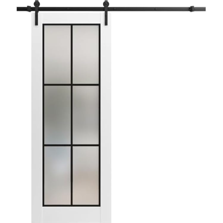 Sturdy Barn Door Frosted Tempered Glass | Planum 2122 White Silk | 6.6FT Black Rail Hangers Heavy Hardware Set | Modern Solid Panel Interior Doors-18 x 96-Frosted Glass-Black Rail