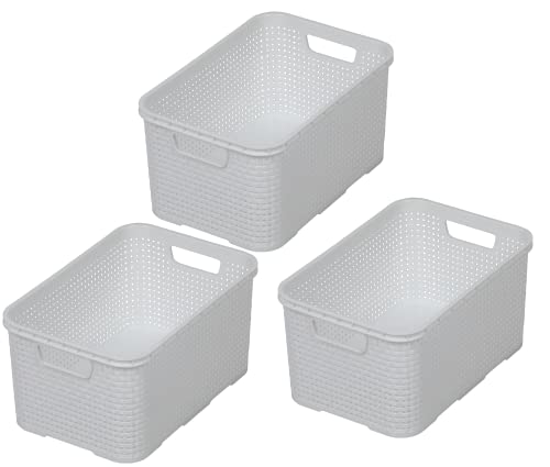 BranQ - Home essential - Cesta en diseño de ratán, juego de 3 unidades, tamaño S, 7 L, sin bisfenol A, plástico polipropileno, blanco, 28.5 x 19.5 x 12.9 cm