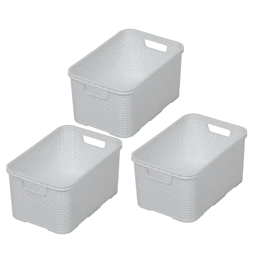 BranQ - Home essential Korb in Rattan Design 3er Set Grösse M 10 l, BPA-frei Kunststoff PP, Weiß, 28,8x19,7x16,2 cm, 3 Stk.