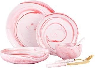 CERSIA 24-Piece Stoneware Marble Modern Dinnerware Set, Service for 4, Dinner Plates, Dessert Plates, Cake Plates, Fruit Bowls, Sugar bowls, Soup bowls Spoon, 2-Knife & Fork for Kitchen (pink)