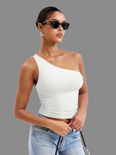 YEOREO Womens One Shoulder Tops Sleeveless Going Out Tank Top Fanciy Double Lined Cropped Tee Y2K Summer Shirts Slim Fit4