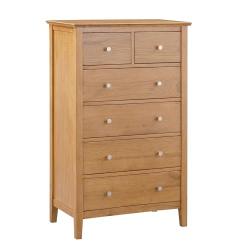 Hallowood Furniture Hereford Oak Chest of Drawers with 6 Wooden Drawers, Solid Light Oak Dresser, 2 Over 4 Chest for Bedroom, Living Room & Hallway, Fully Assembled Bedroom Furniture