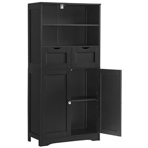 Iwell Tall Bathroom Cabinet, Storage Cabinet with 2 Drawers & Adjustable Shelves, Bathroom Floor Cabinet for Living Room, Dining Room, Entryway, Black