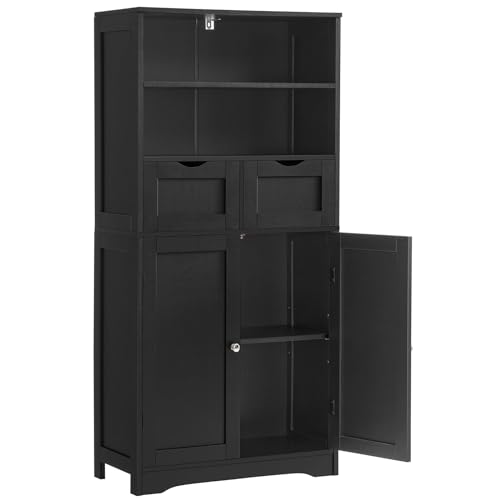 Iwell Tall Bathroom Cabinet, Storage Cabinet with 2 Drawers & Adjustable Shelves, Bathroom Floor Cabinet for Living Room, Dining Room, Entryway, Black
