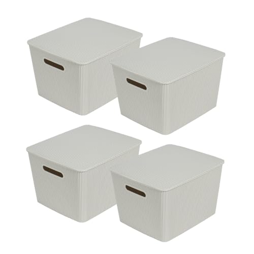 Glad Storage Baskets with Lids - Set of 4 Stackable Plastic Boxes with Handles - Decorative Shelf Organizer Bins for Bathroom and Closet, Grey, 4.7 Gallon