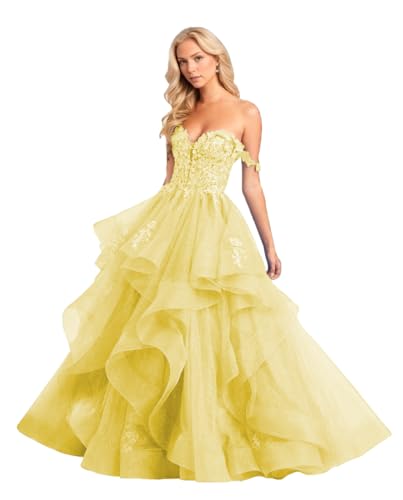 Lawrncedw Ruffle Tiered Prom Dress for Women Formal Laces Appliques Puffy Ball Gown Sweetheart...