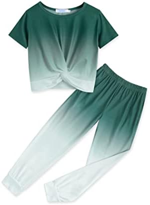 Arshiner Girls Trendy Outfits Crop Tops and Pants Sweatsuit Clothing Sets Green White Size 10/12