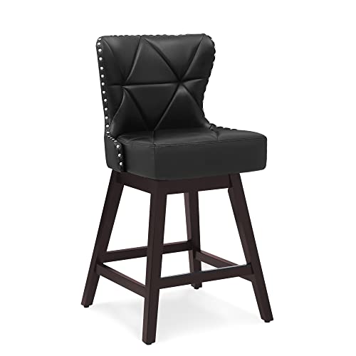 Cozyman Counter Height Bar Stools, 26" H Swivel Bar Stool With Back, Faux Leather Counter Stool, Solid Wood Legs, Retro Upholstered Barstools For Kitchen Island, Home Bar, Pub, Black #TOP16