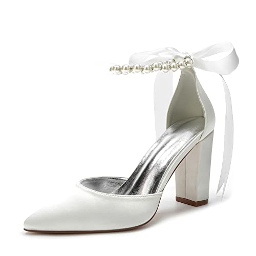 Women's Pearl White Wedding Shoes for Bride High Heels Pointed Toe Bridal Shoes Satin Block Heels Prom Party Dress Pumps Sandals