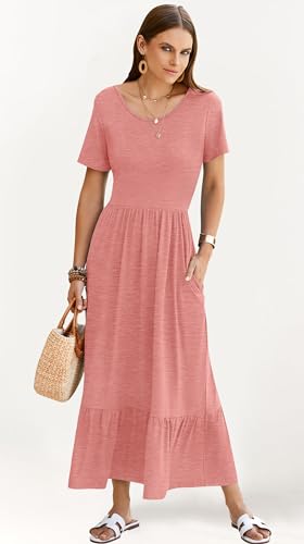 Image of AUSELILY Womens Summer Dresses 2025 Short Sleeve Maxi Dress Crewneck Casual Sundresses with Pockets