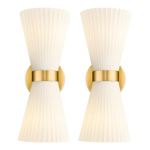Modern Wall Sconce Set of 2, HWH 2-Light Up Down Wall Light Indoor Vanity Wall Lamp, Brushed Gold Bathroom Vanity Sconce Frosted White Striped Glass Shade, 5HZG97B-2W-2PK BG
